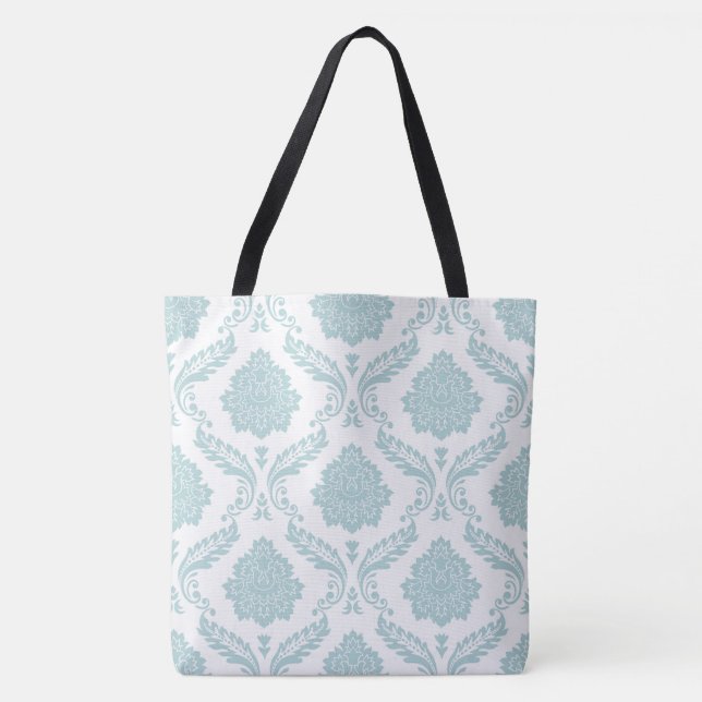 Rococo Damask Big Pattern Duck Egg Blue on White Tote Bag (Front)
