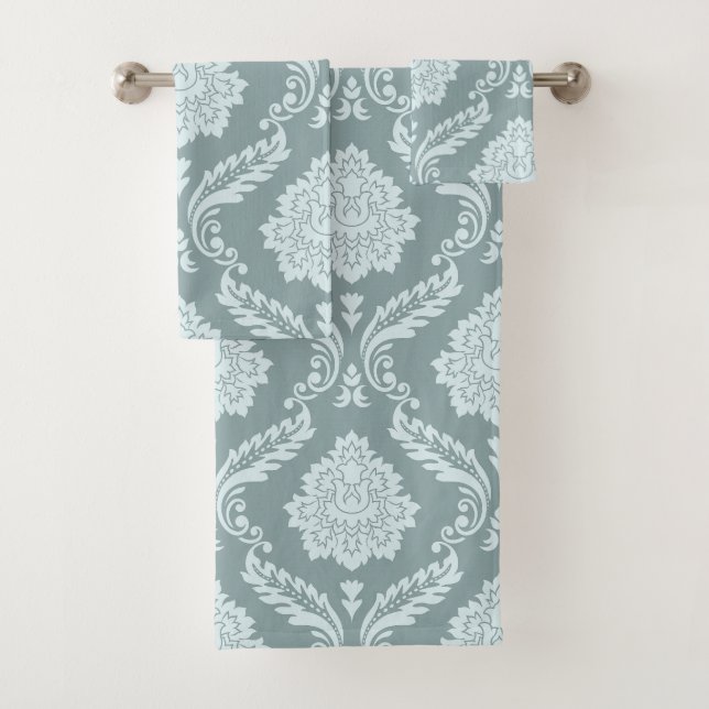 Rococo Damask Big Pattern Duck Egg Blue+Teal Bath Towel Set (Insitu)
