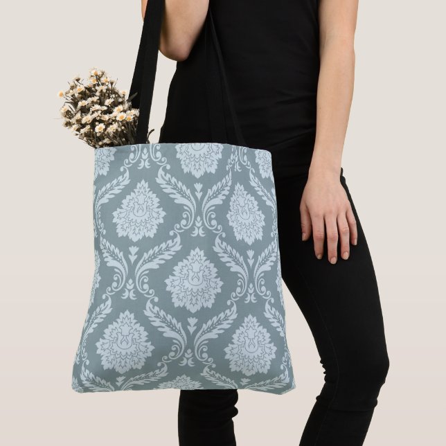 Rococo Damask Big Pattern Duck Egg Blue+Teal Tote Bag (Close Up)