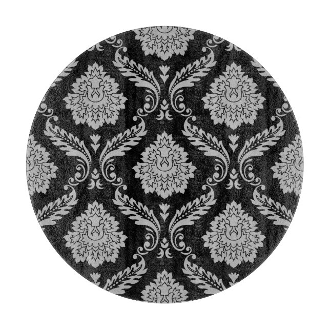 Rococo Damask Big Pattern Grey on Black Cutting Board (Front)