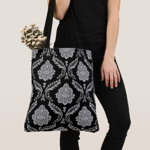 Rococo Damask Big Pattern Grey on Black Tote Bag