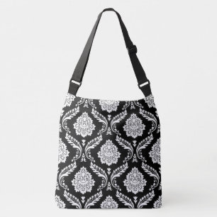 Rococo Damask Big Pattern White on Black Crossbody Bag