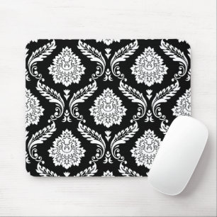 Rococo Damask Big Pattern White on Black Mouse Mat