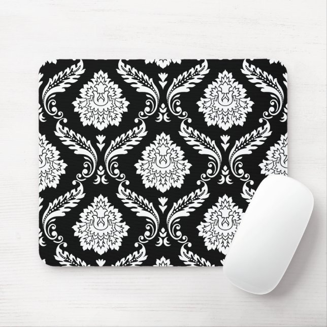Rococo Damask Big Pattern White on Black Mouse Mat (With Mouse)