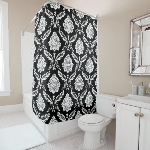 Rococo Damask Big Pattern White on Black Shower Curtain