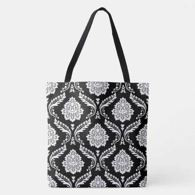 Rococo Damask Big Pattern White on Black Tote Bag (Front)
