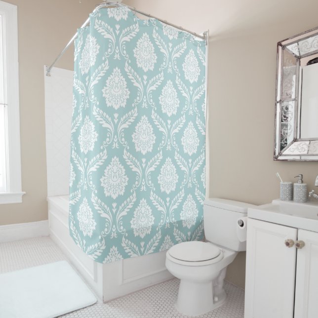 Rococo Damask Big Pattern White on Duck Egg Blue Shower Curtain (In Situ)
