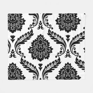 Rococo Damask Lg Off-Set Pattern Black on White Fleece Blanket