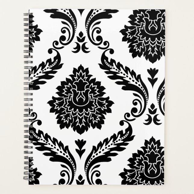 Rococo Damask Lg Off-Set Pattern Black on White Planner (Front)