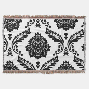 Rococo Damask Lg Off-Set Pattern Black on White Throw Blanket