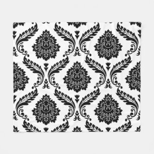 Rococo Damask Lg Pattern Black on White Fleece Blanket