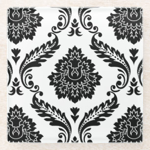 Rococo Damask Lg Pattern Black on White Glass Coaster