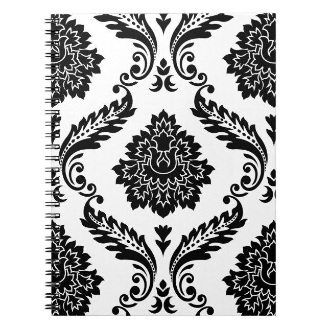 Rococo Damask Lg Pattern Black on White Notebook (Front)