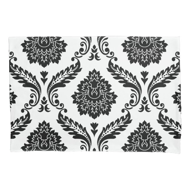Rococo Damask Lg Pattern Black on White Pillowcase (Front)