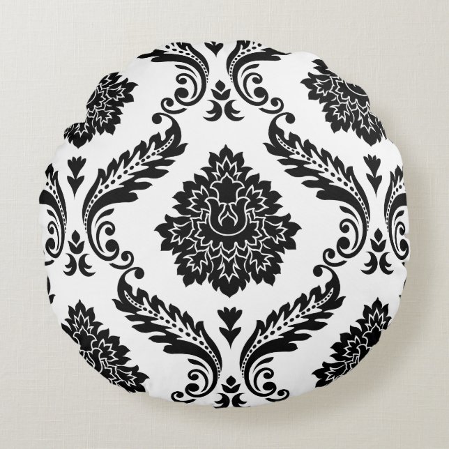 Rococo Damask Lg Pattern Black on White Round Cushion (Front)