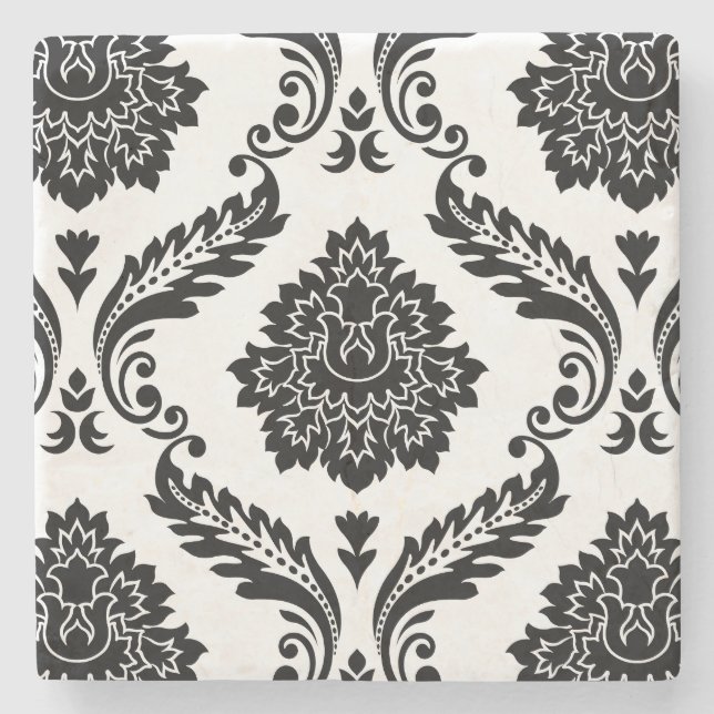 Rococo Damask Lg Pattern Black on White Stone Coaster (Front)