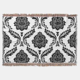 Rococo Damask Lg Pattern Black on White Throw Blanket