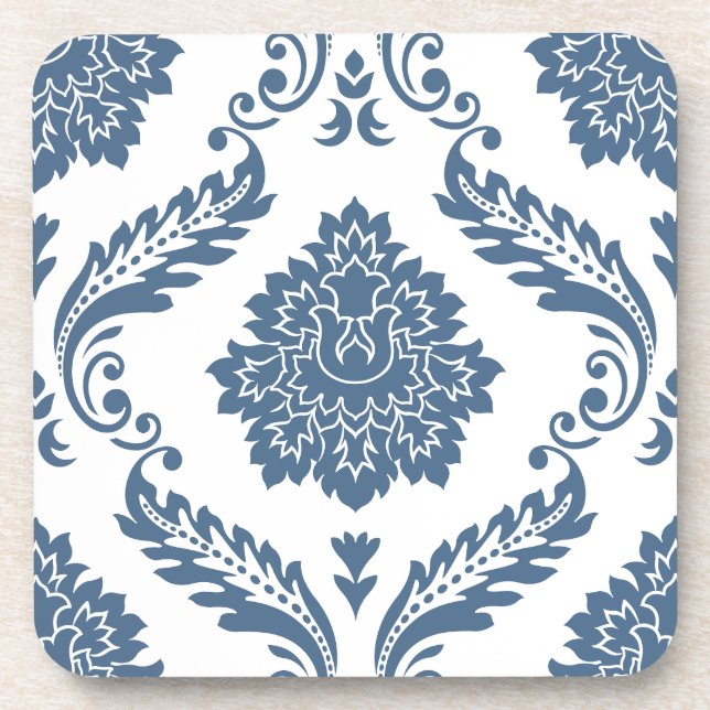 Rococo Damask Lg Pattern Blue on White Coaster (Front)