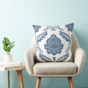 Rococo Damask Lg Pattern Blue on White Cushion