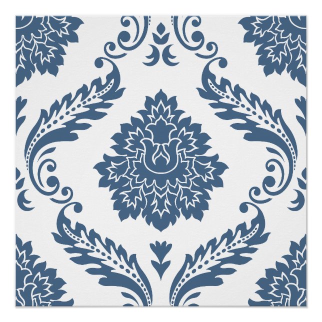 Rococo Damask Lg Pattern Blue on White Poster (Front)