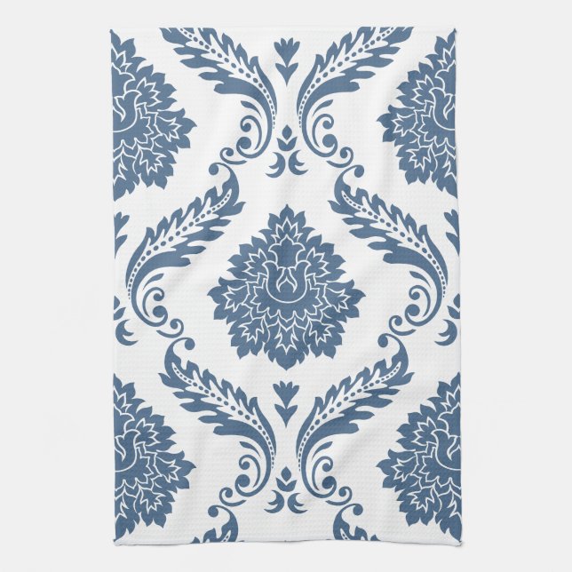 Rococo Damask Lg Pattern Blue on White Tea Towel (Vertical)
