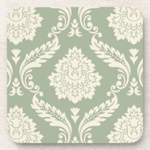 Rococo Damask Lg Pattern Cream on Green Coaster