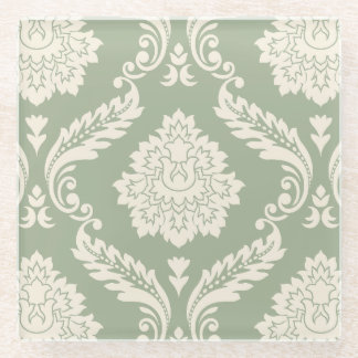 Rococo Damask Lg Pattern Cream on Green Glass Coaster
