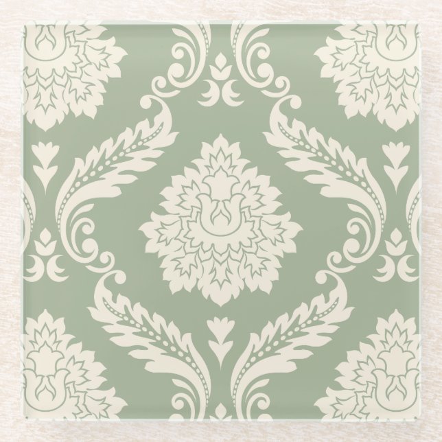 Rococo Damask Lg Pattern Cream on Green Glass Coaster (Front)
