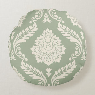 Rococo Damask Lg Pattern Cream on Green Round Cushion