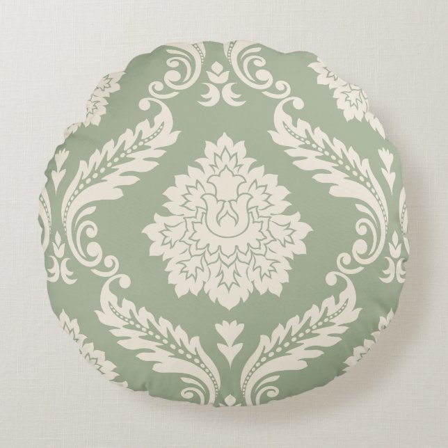 Rococo Damask Lg Pattern Cream on Green Round Cushion (Front)