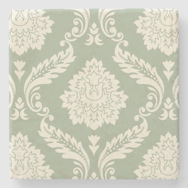 Rococo Damask Lg Pattern Cream on Green Stone Coaster (Front)