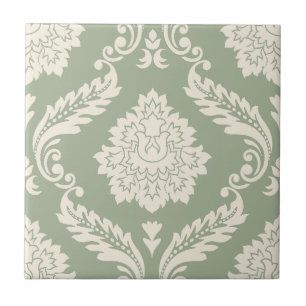 Rococo Damask Lg Pattern Cream on Green Tile