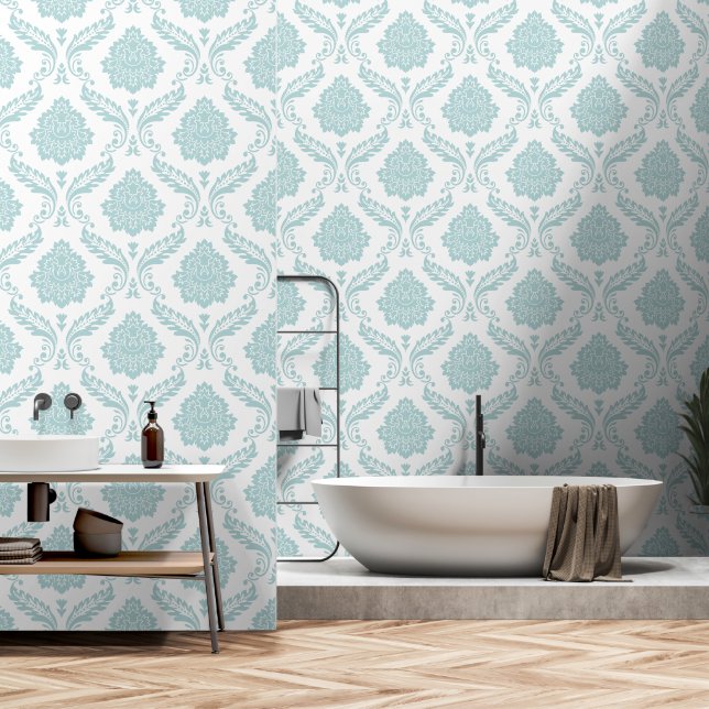 Rococo Damask Lg Pattern Duck Egg Blue on White Wallpaper (Bathroom)