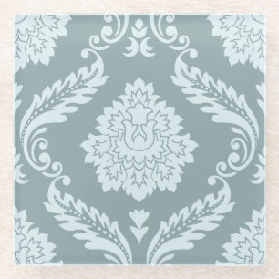 Rococo Damask Lg Pattern Duck Egg Blue+Teal Glass Coaster