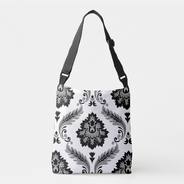 Rococo Damask Lg Pattern Grey Black White Crossbody Bag (Front)