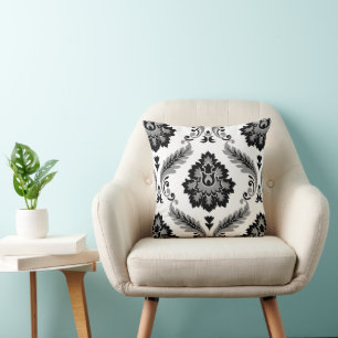 Rococo Damask Lg Pattern Grey Black White Cushion