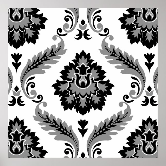 Rococo Damask Lg Pattern Grey Black White Poster (Front)