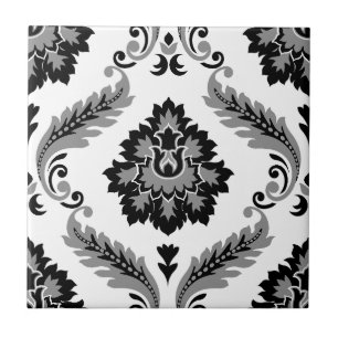 Rococo Damask Lg Pattern Grey Black White Tile