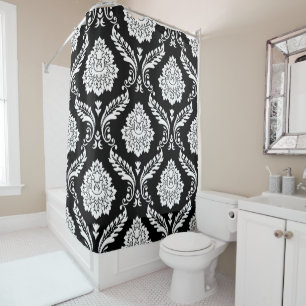 Rococo Damask Lg Pattern White on Black Shower Curtain