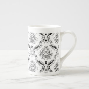 Rococo Damask Line Pattern Black on White Bone China Mug