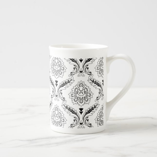 Rococo Damask Line Pattern Black on White Bone China Mug (Right)