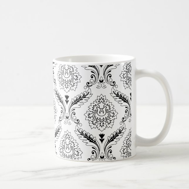 Rococo Damask Line Pattern Black on White Coffee Mug (Right)