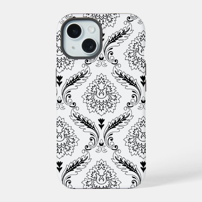 Rococo Damask Line Pattern Black on White iPhone 15 Case (Back)