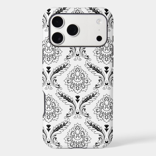 Rococo Damask Line Pattern Black on White iPhone C (Back)