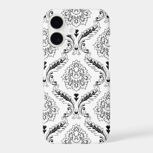 Rococo Damask Line Pattern Black on White iPhone C