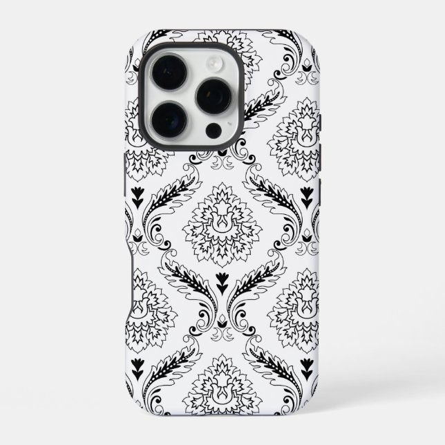 Rococo Damask Line Pattern Black on White iPhone Case (Back)
