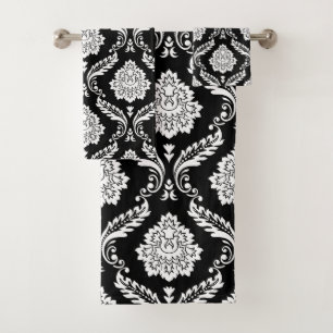 Rococo Damask Mixed Pattern White on Black Bath Towel Set