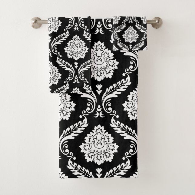 Rococo Damask Mixed Pattern White on Black Bath Towel Set (Insitu)