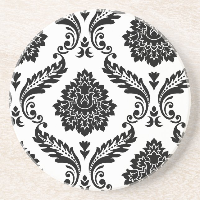 Rococo Damask Off-Set Pattern Black on White Coaster (Front)