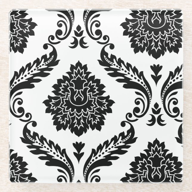Rococo Damask Off-Set Pattern Black on White Glass Coaster (Front)